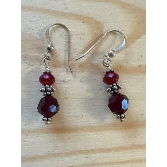 Ruby Red Beaded Dangle Earrings Silver Tone Accents Fishhook Backing Lightweight - Picture 1 of 3